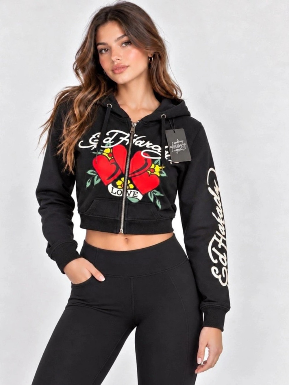 Ed Hardy Sacred Heart Cropped Zip Fleece Hoodie Black